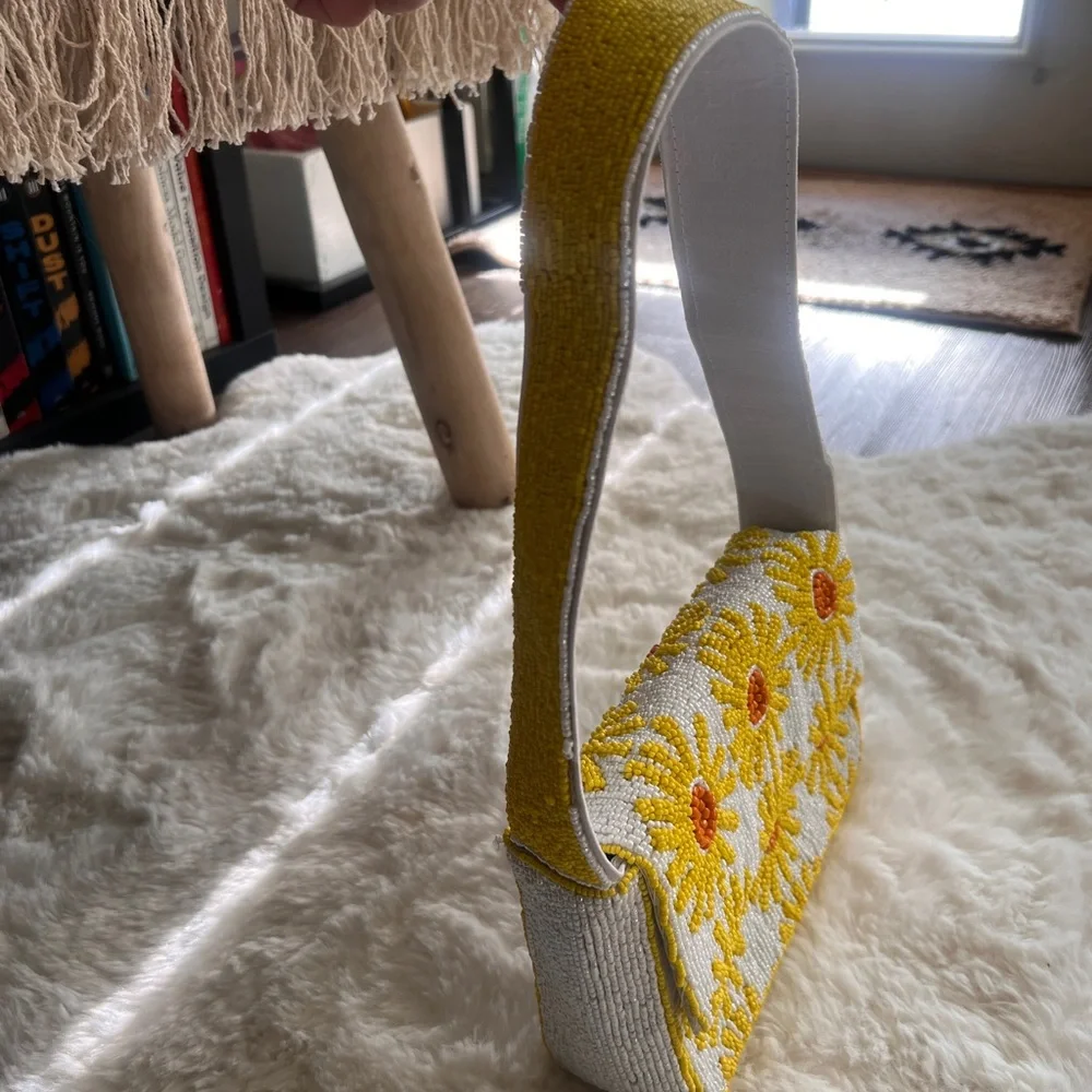 Beaded White Shoulder Bag with Yellow Sunflower Accents